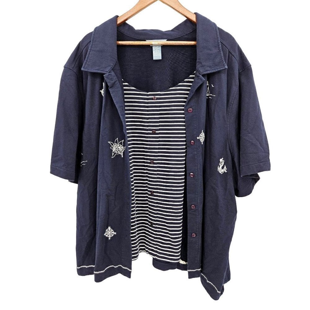 Koret Cardigan Built in Tank Siez 5X Navy Blue Nautical Boat Cruise Ship Striped